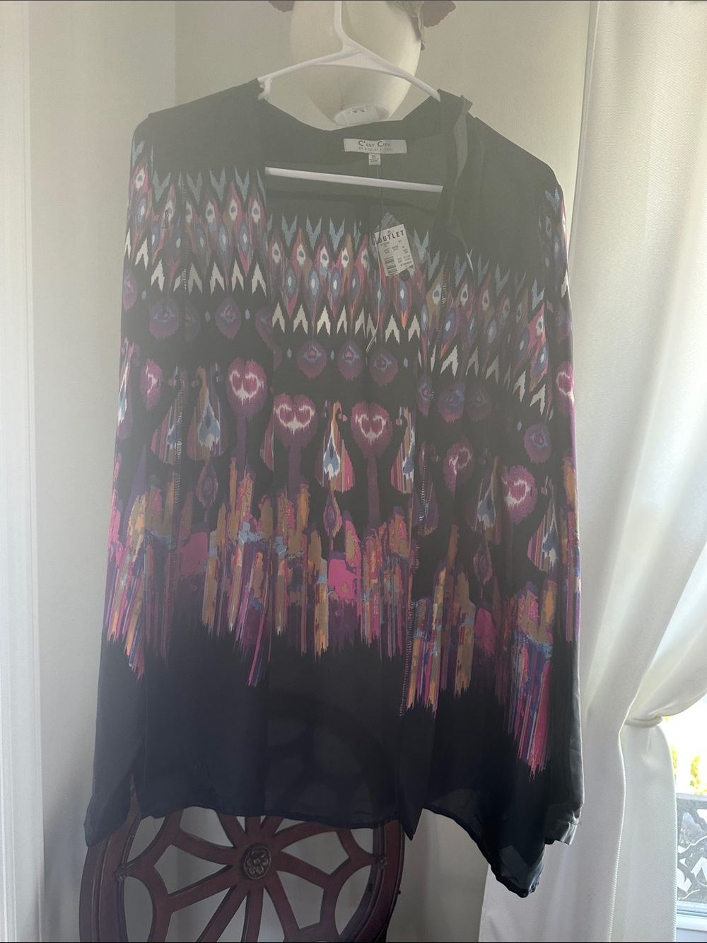 Black Multicolor Ikat-Print Long Sleeve Blouse